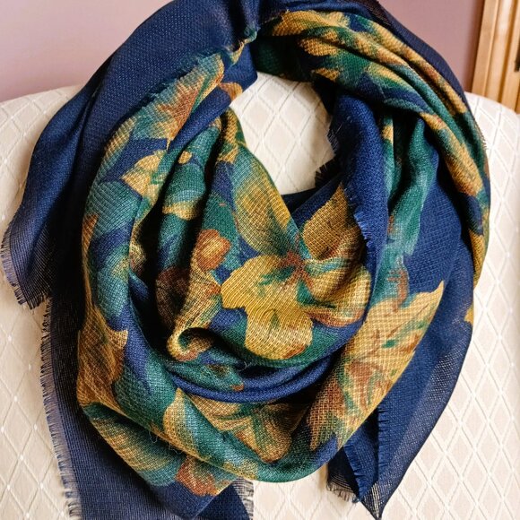 FALL DELIGHT Made in Italy scarf wrap Navy Green gold brown elegant VGUC - Picture 1 of 5
